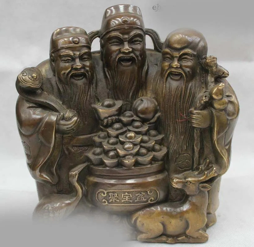 

11"Chinese Bronze Boy Lad 3 Longevity God Fu Lu Shou Life Fish Ru Yi Rich Statue