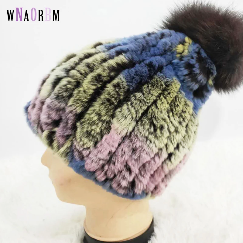

2019 Hot Sale Winter Natural 100% Rex Rabbit Fur Hat Women Elasitc Warm Handmade Knitted Real Fur Caps Big Fox Fur Ball Bean
