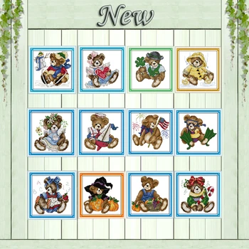 

Month bear cute colourful paintings counted printed on canvas DMC 11CT 14CT Chinese Cross Stitch kits embroidery needlework Sets