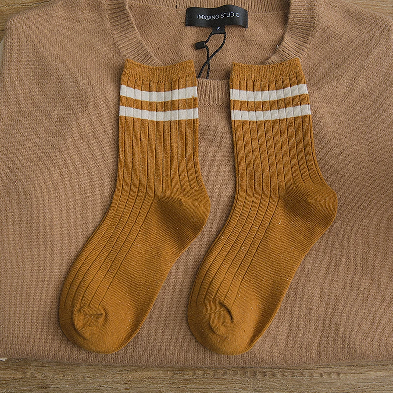 Осенне-зимние корейские стильные однотонные полосатые носки женские Харадзюку полосатые удобные студенческие хлопковые носки - Цвет: Оранжевый
