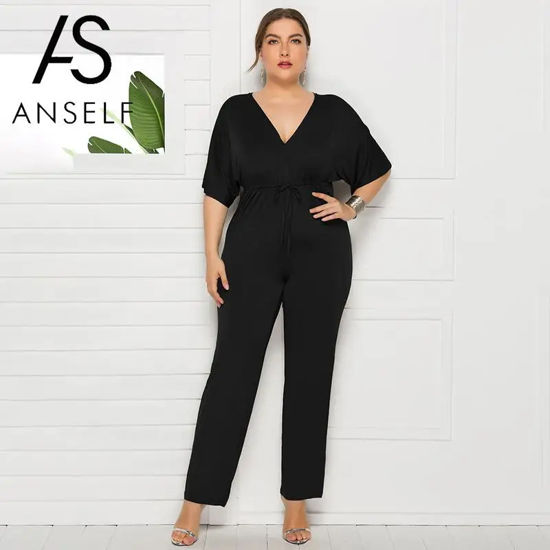 

Tracksuit for Women 3XL Plus Size Jumpsuits Batwing Sleeves V Neck V Back Drawstring High Waist Rompers female Casual Pantsuit