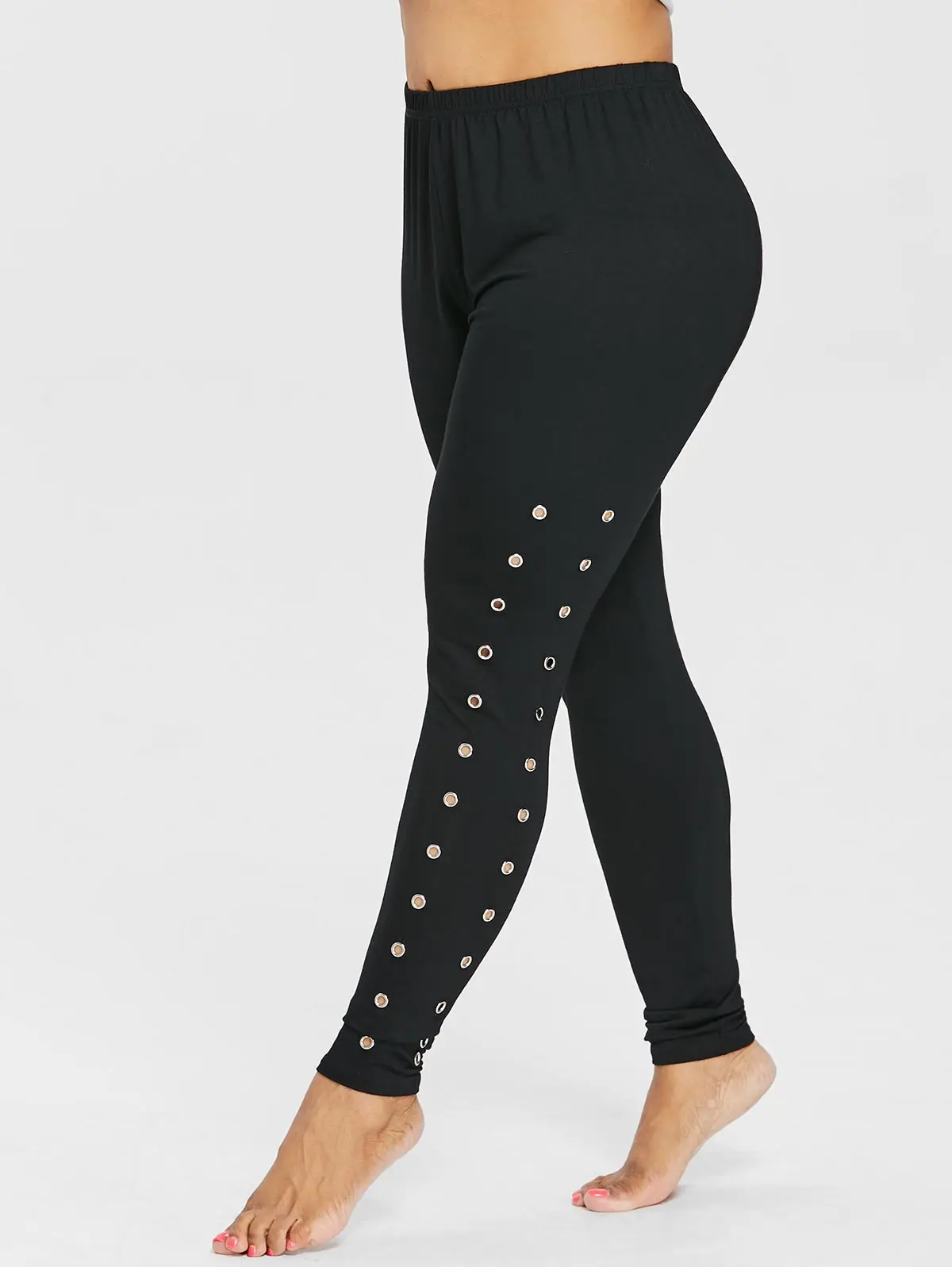 Kenancy Women Casual Plus Size Embellished Grommets Side High Waisted