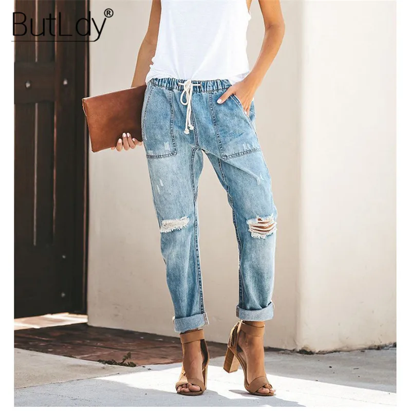 Рваные на коленках рваные длинные джинсы женские летние 2019 отверстия свободные брюки джинсы для женщин эластичный шнурок на талии карманы