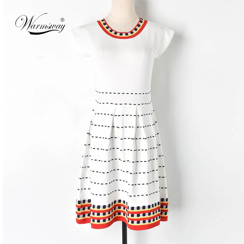 Design Lolita Slim Elegant Color Block Mini Dress Women Robe Summer Dress Bodycon Striped Pullovers Knit Vestido Runway C-203