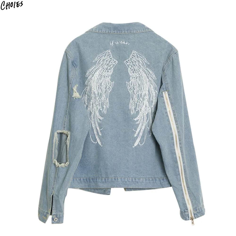 

Blue Embroidery Wing Back Denim Jacket Coat Women Ripped Hollow Out Zipper up Long Sleeve Autumn Lightwash Cotton Female Jacket