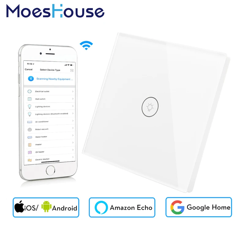 Wifi Smart стены сенсорный выключатель ЕС разъем 1 Gang Стекло Панель APP дистанционного Управление работы с Google дома и Alexa для смарт жизнь