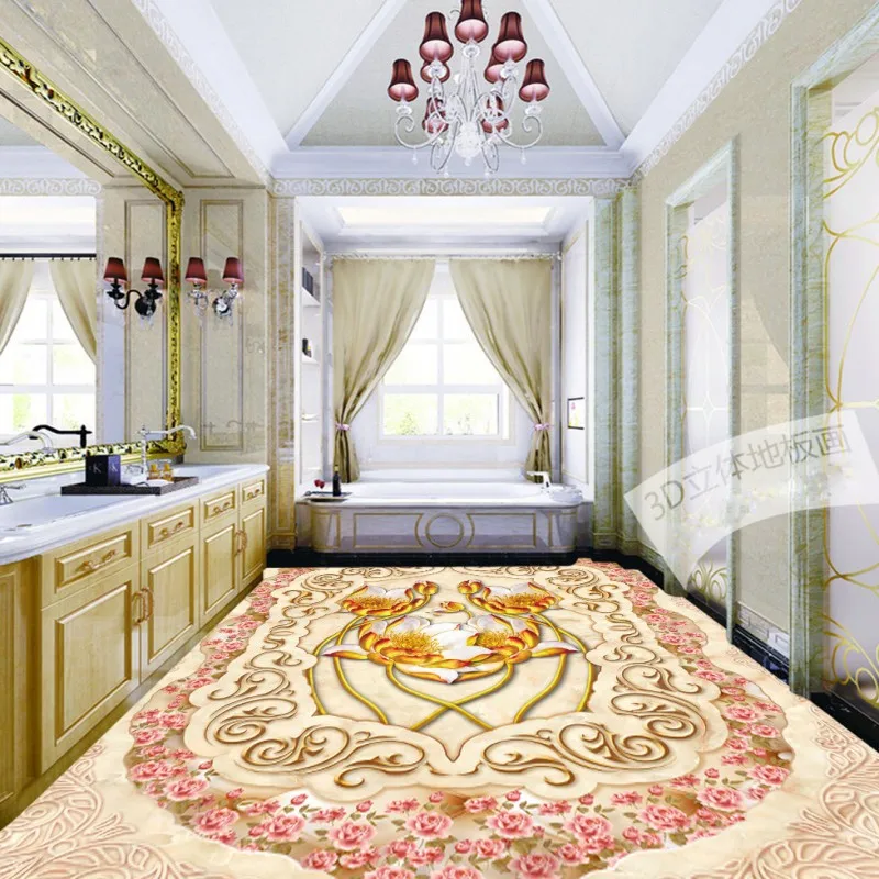 Free shipping custom floor home decoration self-adhesive mural baby room wallpaper Jade Roses Parquet 3D lotus flooring