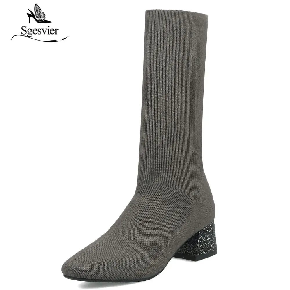 

Sgesvier Designer Women Autumn Winter Half Boots High Heels Pointed Toe Stretch Mid-calf Boots Sock Boot Valentine Shoes OX699