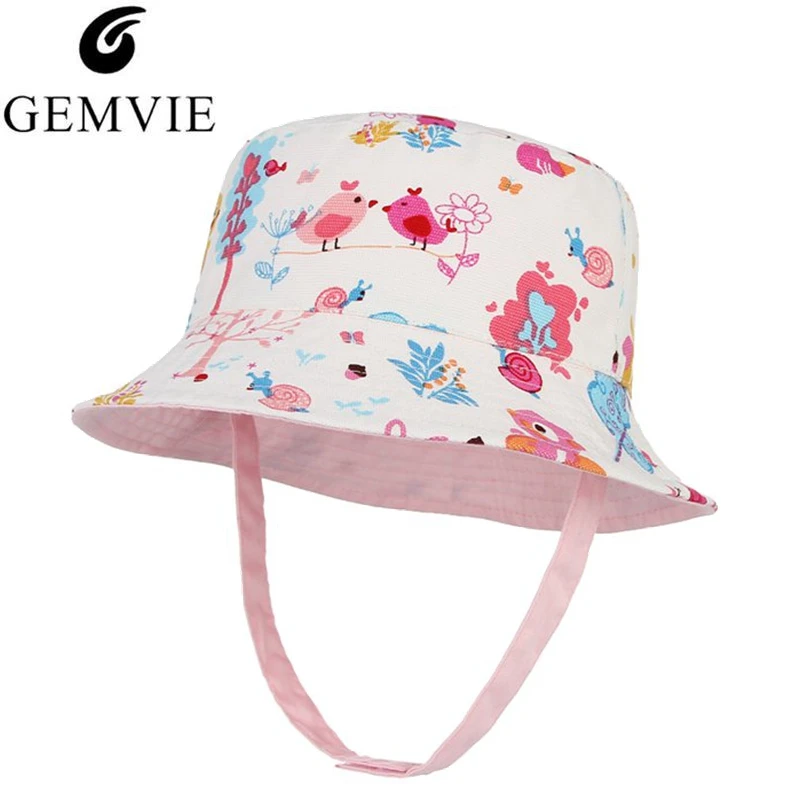 

GEMVIE Cute Birds Printing Bucket Hat For Kids Unisex Summer Sun Hat With Wind Lanyard Breathable Cotton Double-face Beach Hat