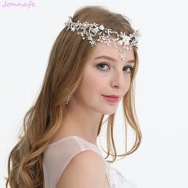 

Jonnafe Silver Color Bridal Floral Forehead Tiara Handmade Wedding Crown Hair Accessories Pearls Women Prom Headband