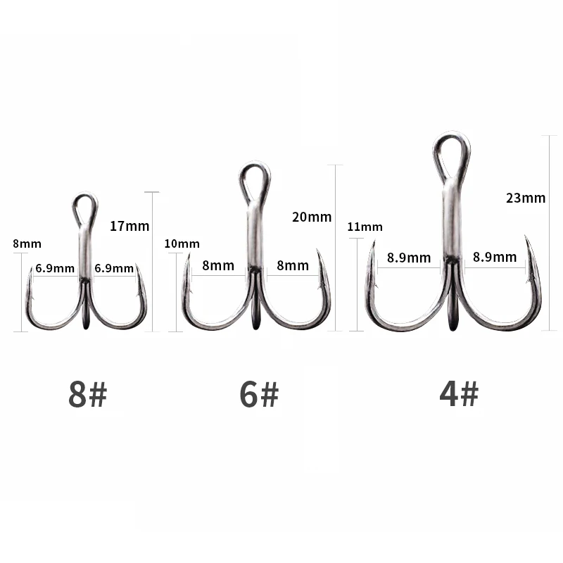 High Carbon Steel Fishhooks Super Sharp solid Triple Hooks Barbed fishing Hook 4/6/8# 10pcs Treble Hooks
