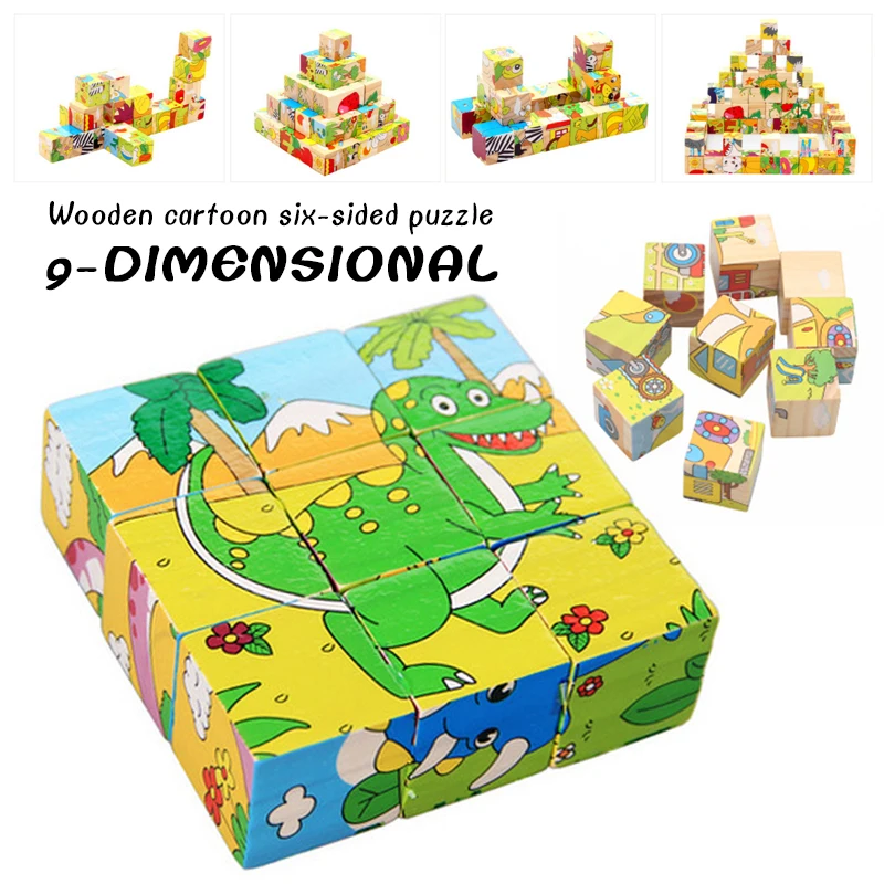

Puzzle Toy Animal Puzzle Wooden Cube 9pcs/Set Wooden Educational Lighten 3D Novelty Learning Gift Developed Brain Kids