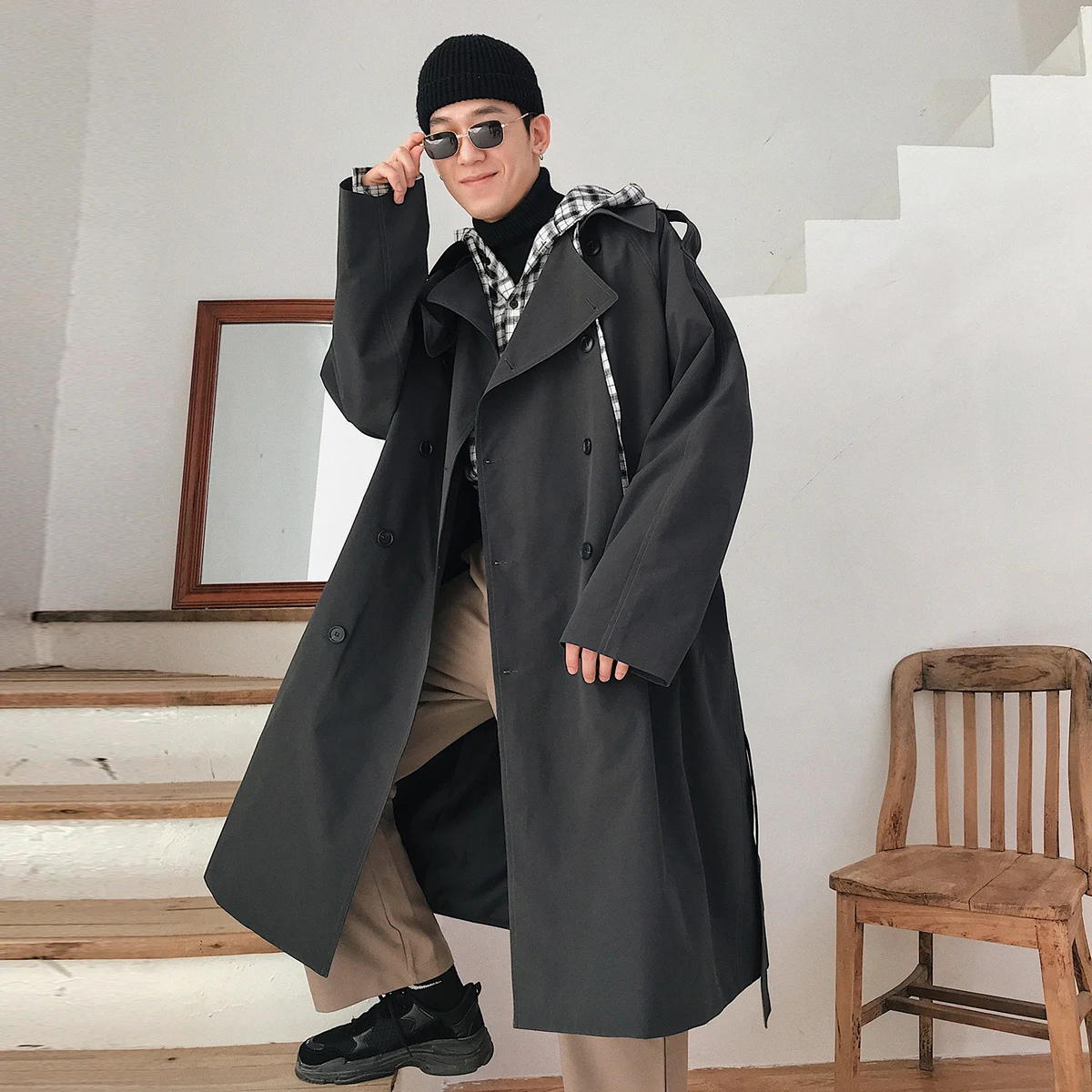 2018New Модные мужские длинные кожаные тренчи para Fund черная ветровка Smart casual Turn-Down Воротник двубортный M-XL