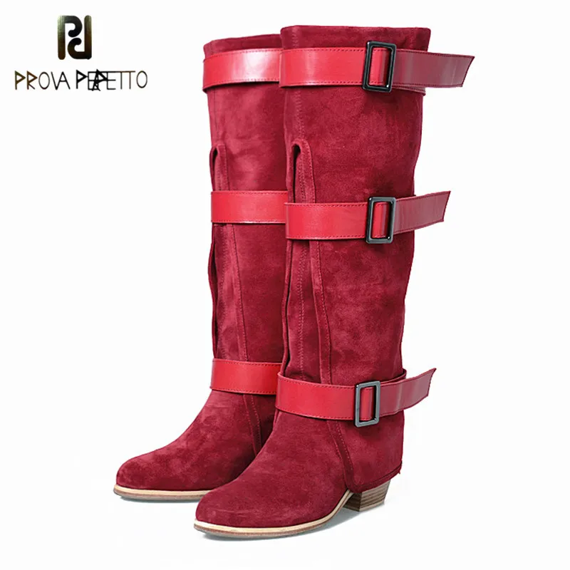 

Prova Perfetto Winter Warm And Comforable Patchwork Buckle Strap Long Boots Fashion Cow Suede Leather Solid Low Heel Woman Boots