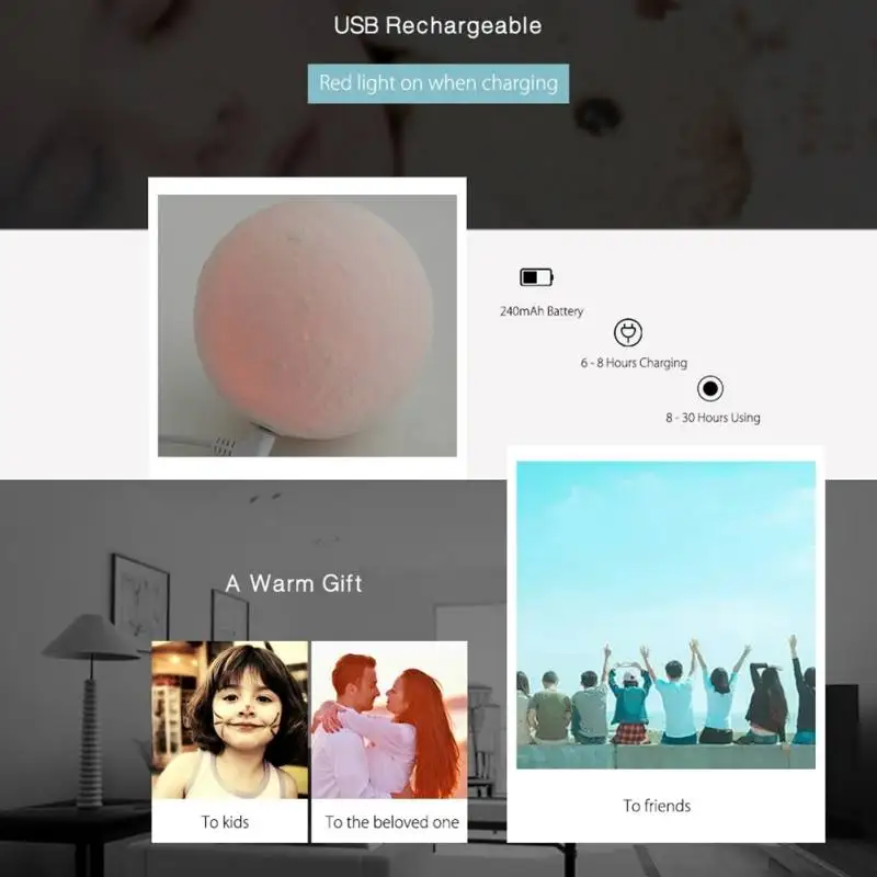 16 цветов 3D принт лунный свет Luna USB светодио дный перезаряжаемый светодиодный ночник Луна лампа спальня сенсорный переключатель домашний