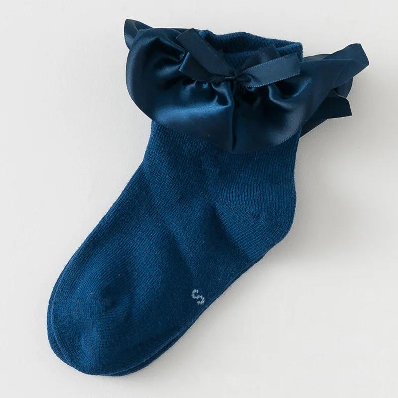 Для детей от 2 до 4 лет, милые хлопковые носки с оборками и кружевами для маленьких девочек короткие носки принцессы с кружевным бантом и мягкой отделкой для малышей - Цвет: Navy blue