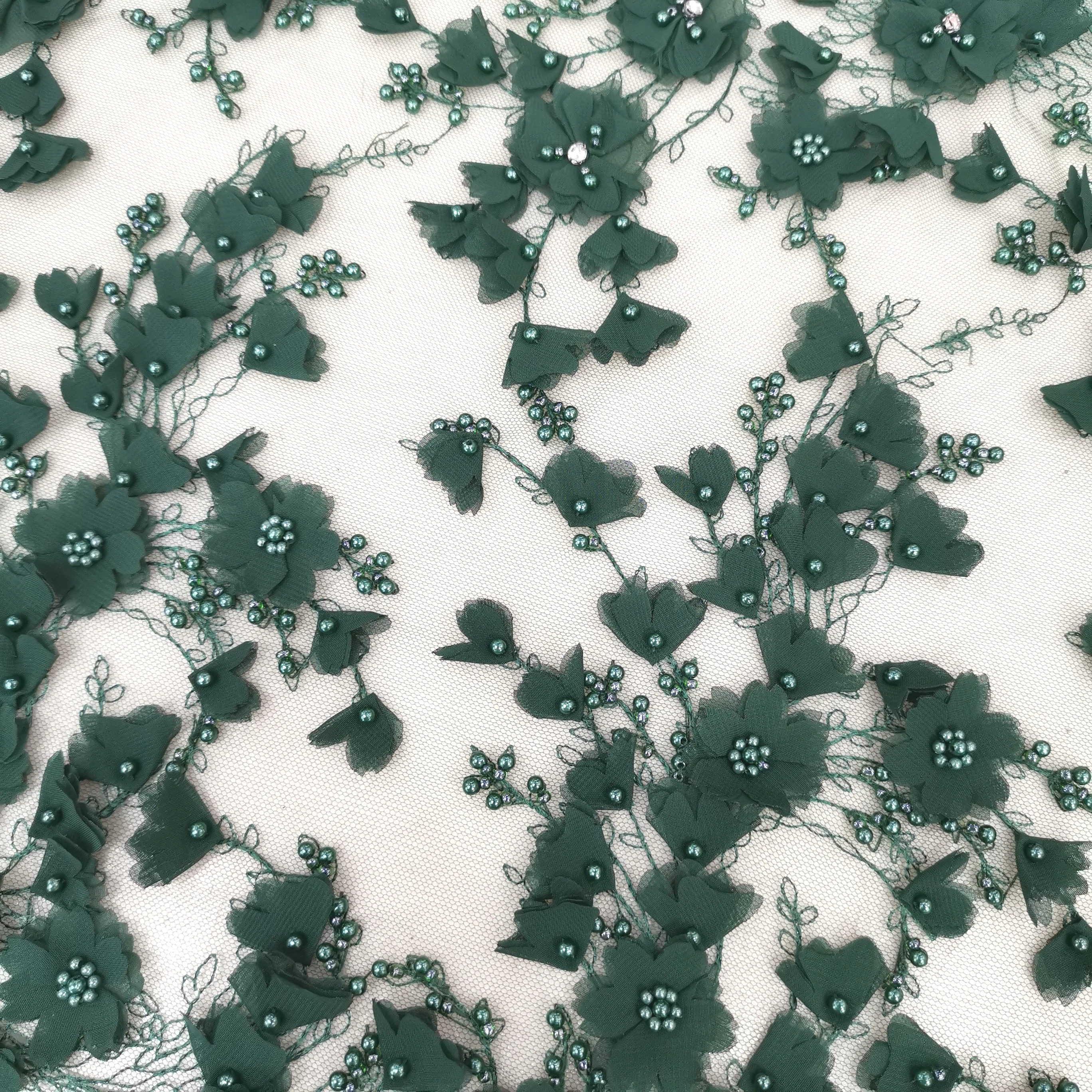 

jungle green Afica lace fabric new material 2018 hand show flowers with green beads top quality amazing looking royal tulle mesh