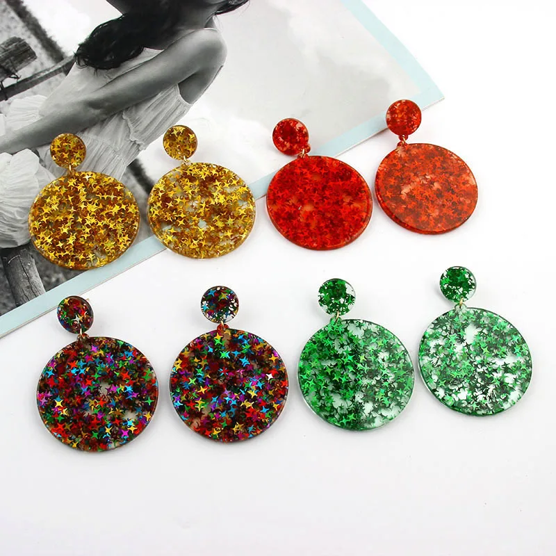 

Women Simple Fashion Resin Shiny Star Sequins Acrylic Acetate Pieces Geometric Round Earrings Jewelry