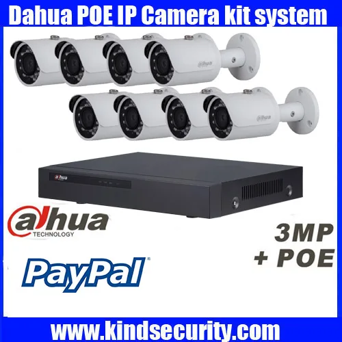 Original English Dahua 8ch waterproof IPC HFW1320S 3MP bullet POE onvif IP camera kit with 8POE