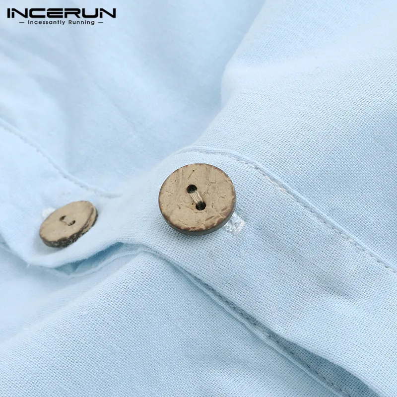 INCERUN Простая мужская рубашка с воротником-стойкой с коротким рукавом, хлопковая винтажная блузка уличная шикарная брендовая рубашка мужская рубашка Харадзюку