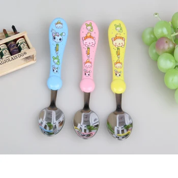

Lovely Print Cartoon Baby Kids Feeding Spoon + Fork High Quality Stainless Steel Baby Spoon Flatware Spoons Rice/Salad Tableware