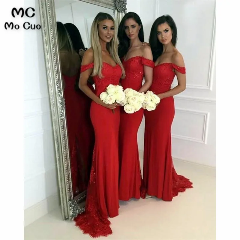 Elegant Off The Shoulder Jersey Mermaid Bridesmaid Dresses Lace Appliques33
