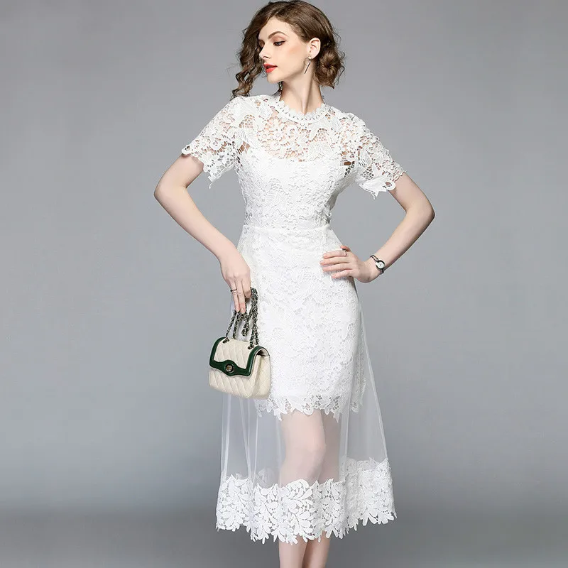 

Queen Summer Mesh Patchwork Lace Dress Women O-neck Work Casual Party Slim Sexy White Long Dresses Vintage Vestidos