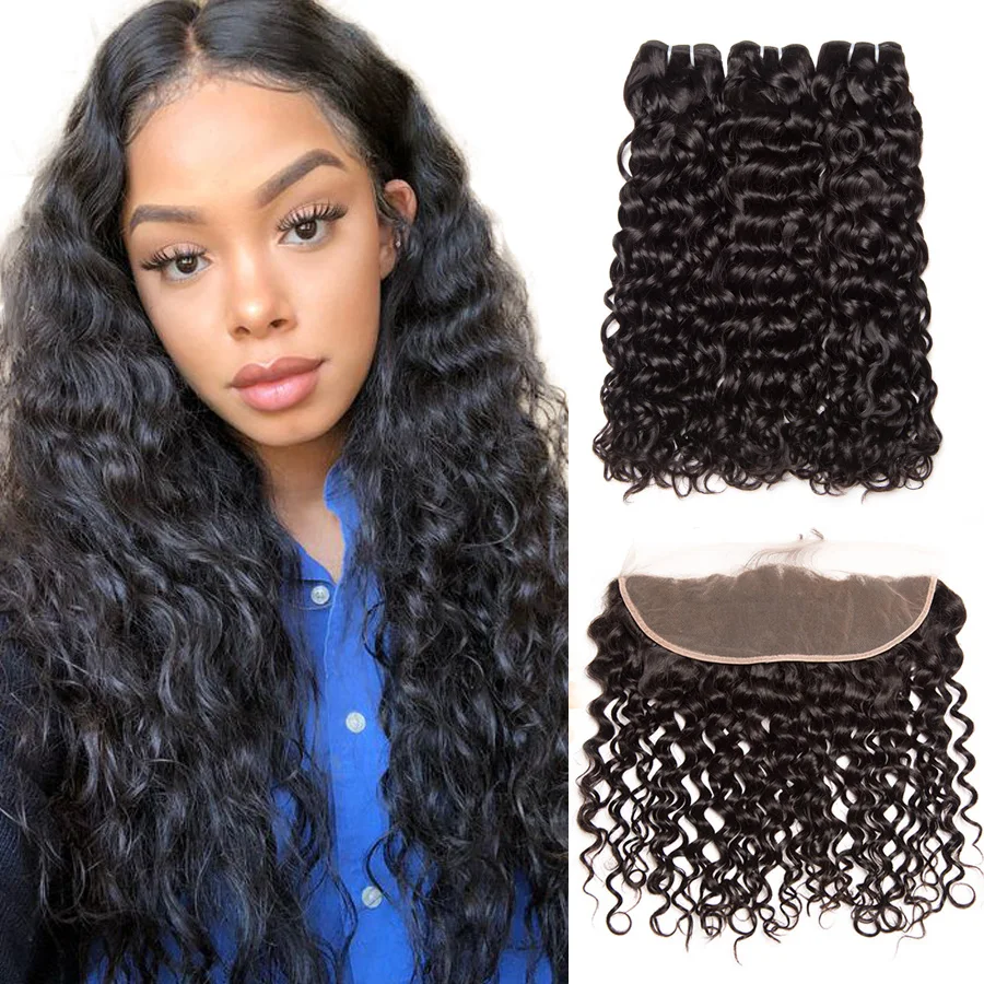 RXY Water Wave Bundles with Frontal Brazilian Hair Weave Bundles Human Hair Ear to Ear Lace Frontal Closure with Bundles Non Remy (1)