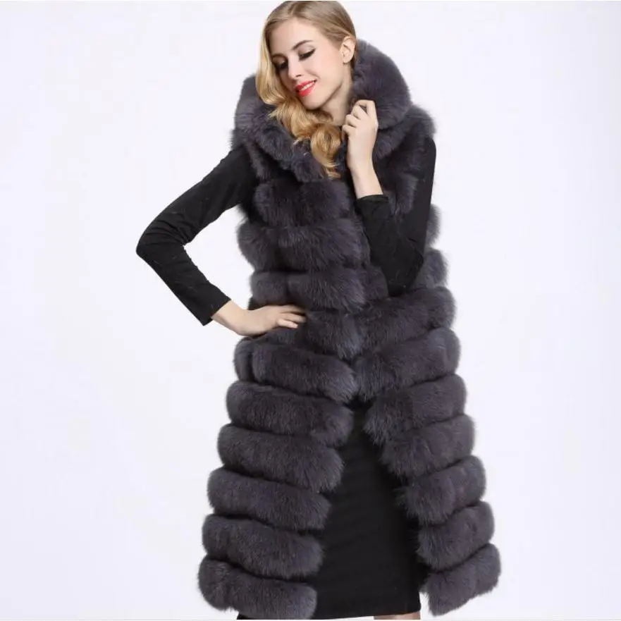 Размера плюс зимний толстый жилет с капюшоном из искусственного лисьего меха 6XL 5XL 4XL 3XL теплые длинные пальто из искусственного меха - Цвет: dark gray