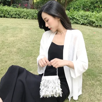 

Summer Ladies Kimonos Loose Three Women Sleeves Sweet Solid White Female Blouse Shirt 2019 Casual Quarter Cardigans