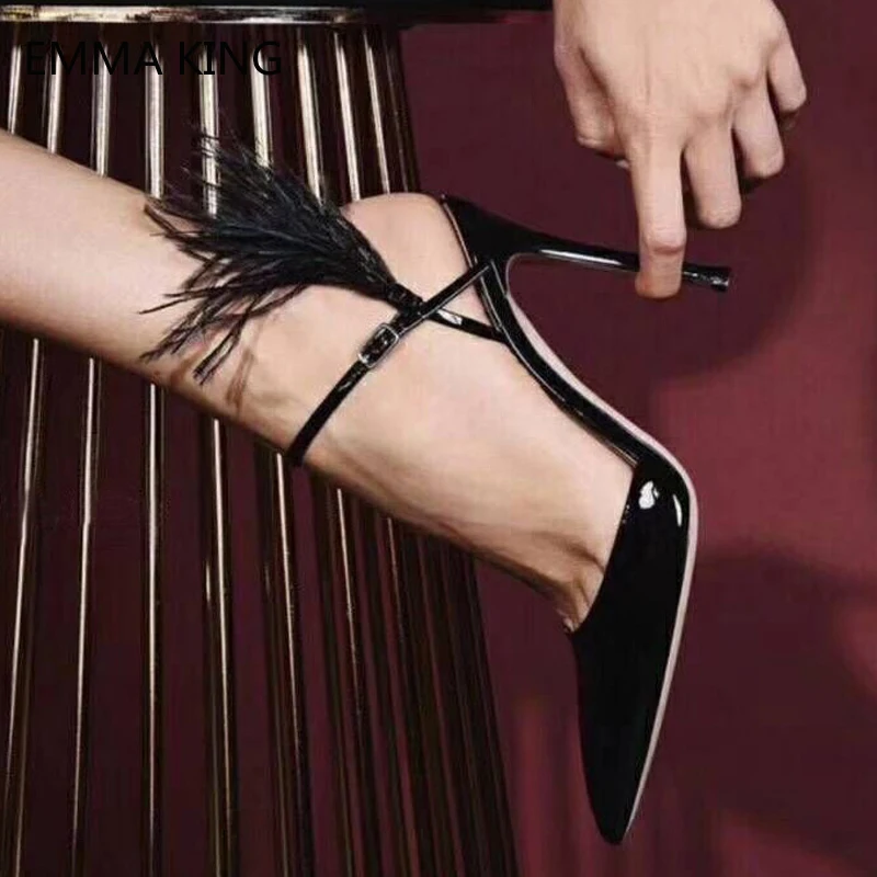 

2019 Summer New Pumps Women's Shoes Pointed Toe Buckle Black Leather Feathers Fashion High Heel Dress Jeans Party Ladies Sandals
