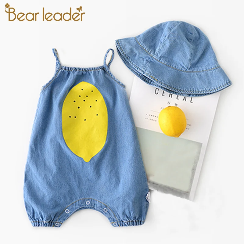 

Bear Leader Children Clothes 2019 Summer Baby Girl Cute Baby Boy Cartoon Lemon Printed Soft Denim Bib Pants with Cap For 6-24M
