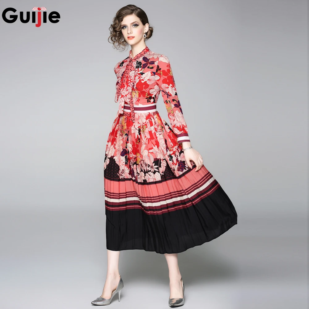 

Guijie Elegant Summer Pleated Dress 2019 Fall Women Long Sleeve Bow Tie Collar Flower Print Overlay High Waist Midi Dresses