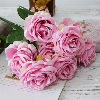 

6pcs European Fake Rose Bunch (9 heads/piece) Simulation Rose Green Leaf for Wedding Showcase Home Decorative Artificial Flowers