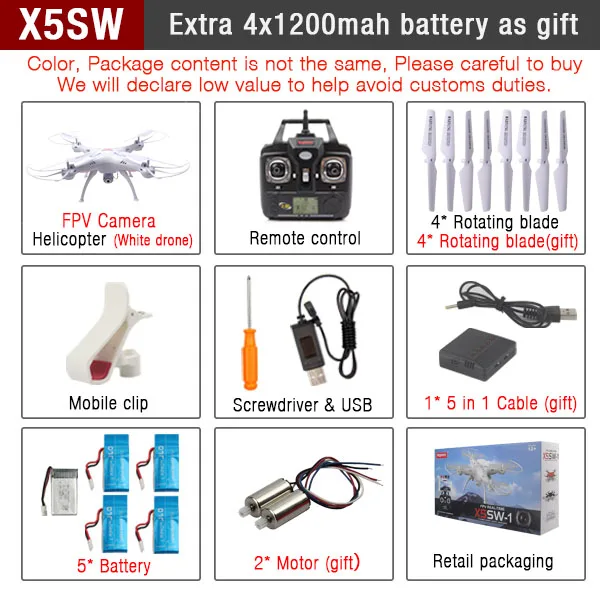 SYMA X5SW& X5SW-1 FPV дрона с дистанционным управлением с поддержкой Wi-Fi Камера HD 2,4G 6-осевой Дрон RTF RC Quadcopter Вертолет игрушки VS Syma X5SC X5C - Цвет: X5SW WHITE OR BOX