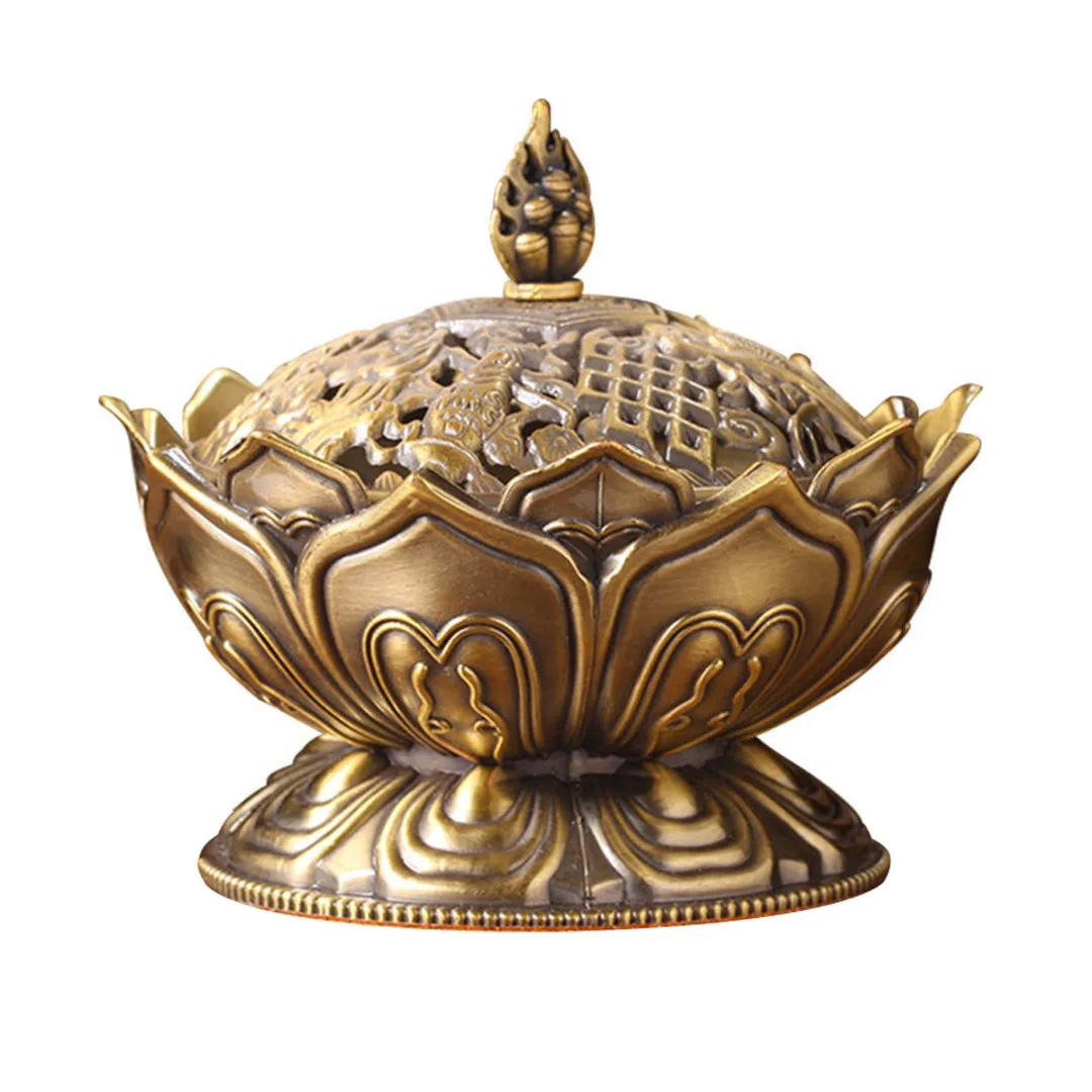 JX-LCLYL Alloy Chinese Lotus Hollow Cover Incense Burner Aromatherapy Censer Cone Holder