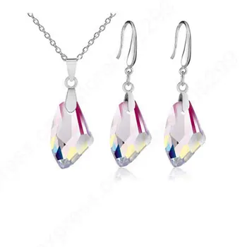 

18" Pink Austrian Crystal Stone 925 Sterling Silver Jewelry Pinch Bail Earring Pendant Necklace Set Woman Gift