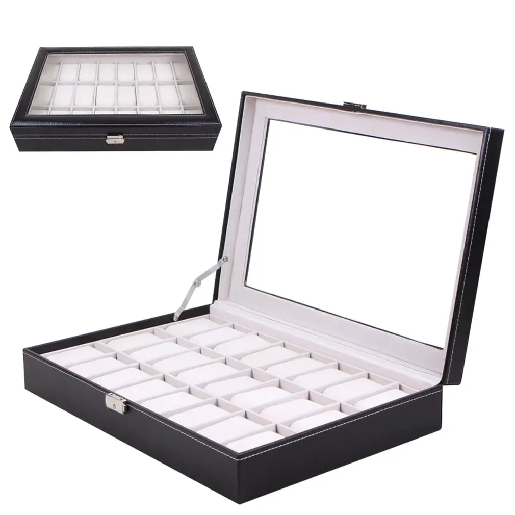 Black PU Leather 24 Grid Wristwatch Watch Box Jewelry Storage Case Organizer Classical Holder Foam Pad Pillow Transparent Glass