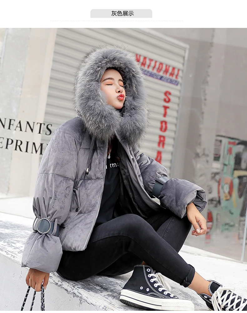 SNOW PINNACLE Autumn Winter short parkas jacket Pink flannel fabric big fur thick warm hooded jacket coat Styled fashion parka