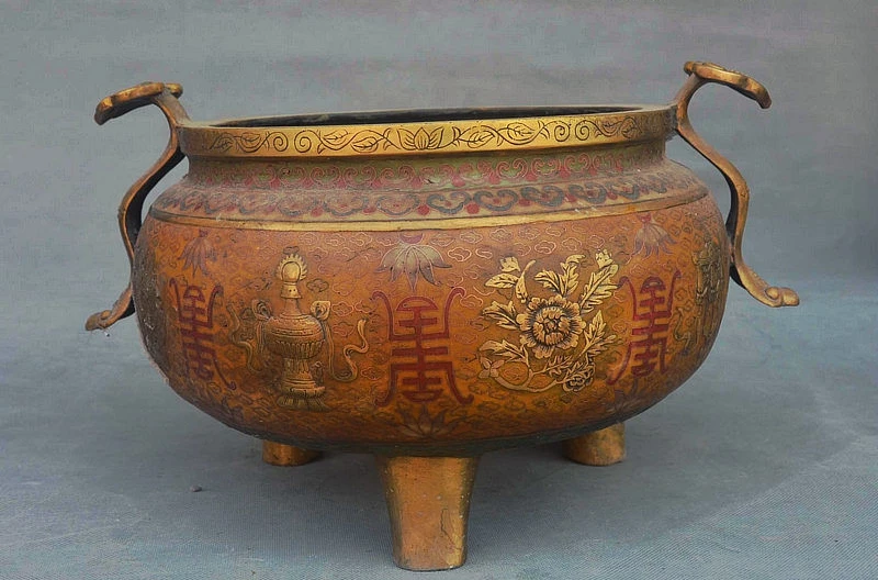 

15" China Royal Cloisonne Gilt Ruyi 8 Auspicious Symbol Longevity Incense Burner