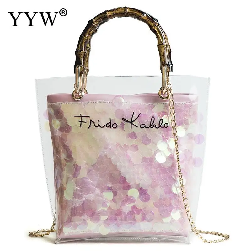 

Transparent Straw Purse And Handbag For Women Pvc Jelly Bag Clear 2 Pcs Bolsa Feminina Handbag Women Gold Chain Beach Bag 2019