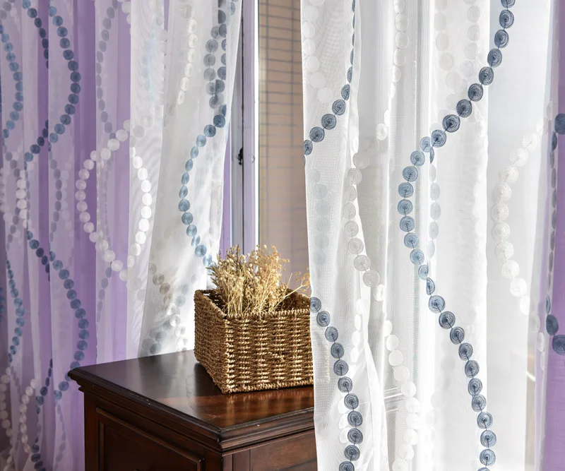 Фиолетовые полузатемненные шторы с вышивкой, белая оконная тюль, геометрические шторы, занавески для гостиной, оконные шторы P023D3