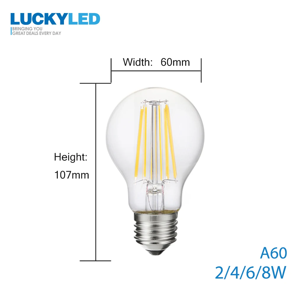 LUCKY светодиодный Светодиодный светильник E27 с регулируемой яркостью 2 Вт 4 Вт 6 Вт 8 Вт A60 Ретро лампа накаливания 220В 220В винтажные лампочки Эдисона стеклянный шар Bombillas