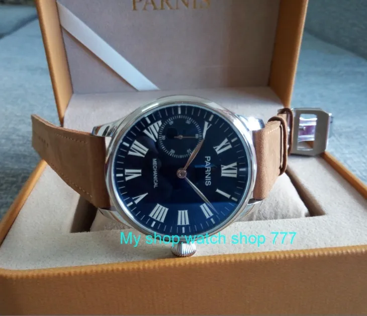 

44mm PARNIS Blue dial Asian 6498 17 jewels Mechanical Hand Wind movement men's watch luminous Mechanical watches zdgd25A