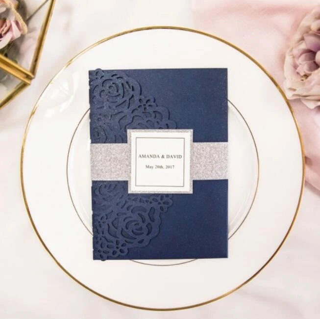 

Customized Blue Laser Cut Floral Wedding Party Invitation Card With Band And RSVP, 100 Sets, Express Shipping.