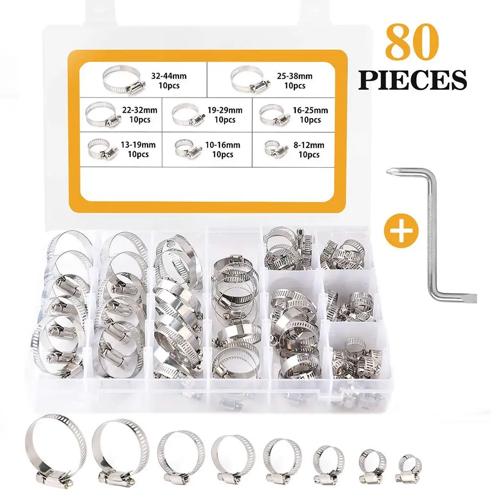 

80Pcs Stainless Steel Adjustable Water Pipe Drive Hose Clamp Fuel Line Worm Clip For Hardware Accessories