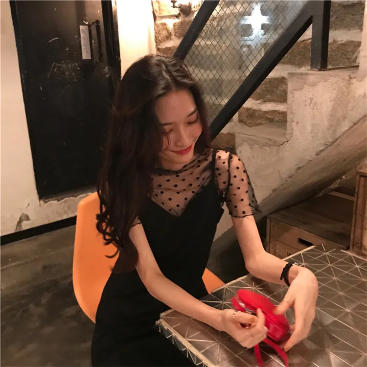 

summer Korean style fashion brand Women's Clothing new black dress woman o-neck mesh perspective dot slim party mini-dresses hot