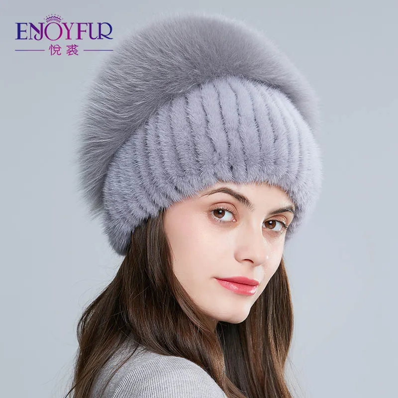 ENJOYFUR, натуральный Лисий мех, шапка для женщин, натуральный мех норки, женские зимние шапки, вертикальные Стразы, высокое качество, шапочки, модные шапки - Цвет: 37