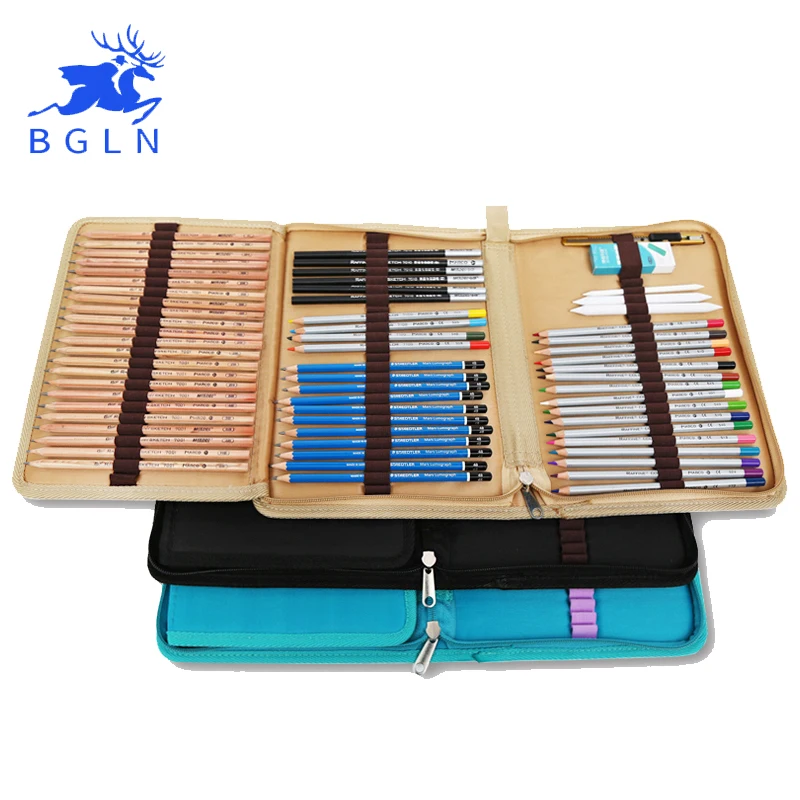 Baratos Bgln lápices de lona bocetos bolsa de pintura bolsa 72 agujeros lápices escolares funda de cepillo doblado con cremallera bolsillo arte suministros