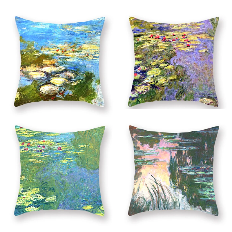 4pcs Water Lily Cushion Cover Monet's Painting Peach Skin Pillowcase Sofa Artistic Pillow Covers Bedroom Living Room Home Decor | Дом и